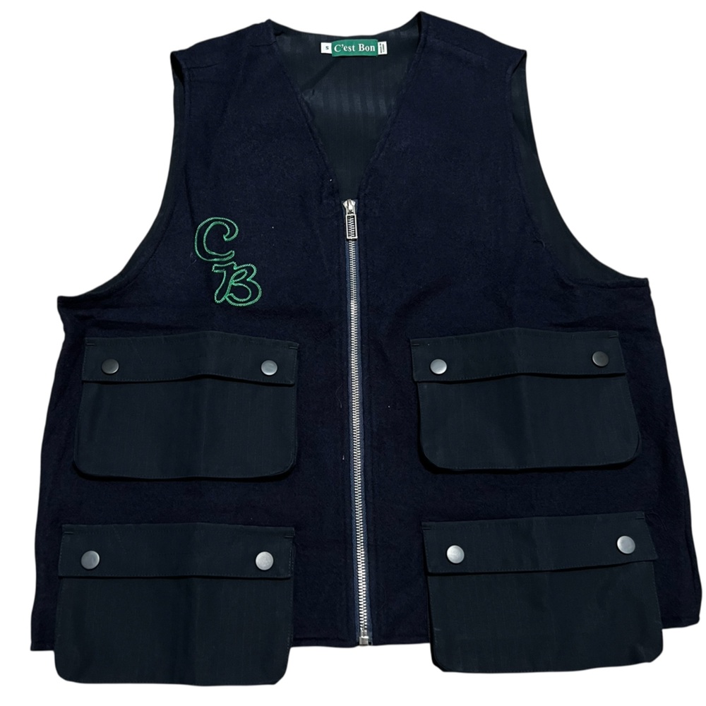 C'est Bon Mass Vest navy men’s‎ Utility Vest Green Embroidery logo zip up small